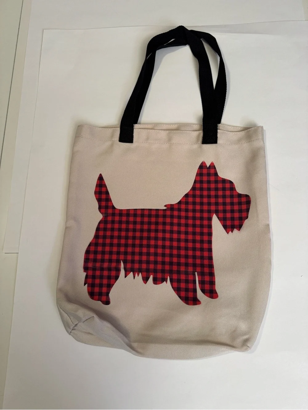Scottish Terrier Canvas Dog Silhouette Tote Bag with Red Plaid Scottie